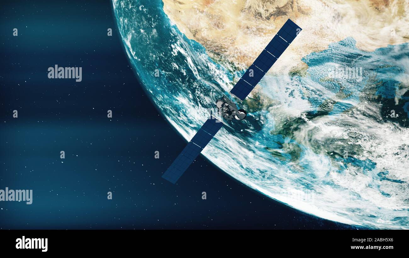 Spazio realistico sonda volare sopra il pianeta rotante. Rosetta sulla terra nuvoloso clima continentale e oceano. Sfondo di Galaxy. 3D render animazione. Gli elementi di questo media arredate dalla NASA. Foto Stock