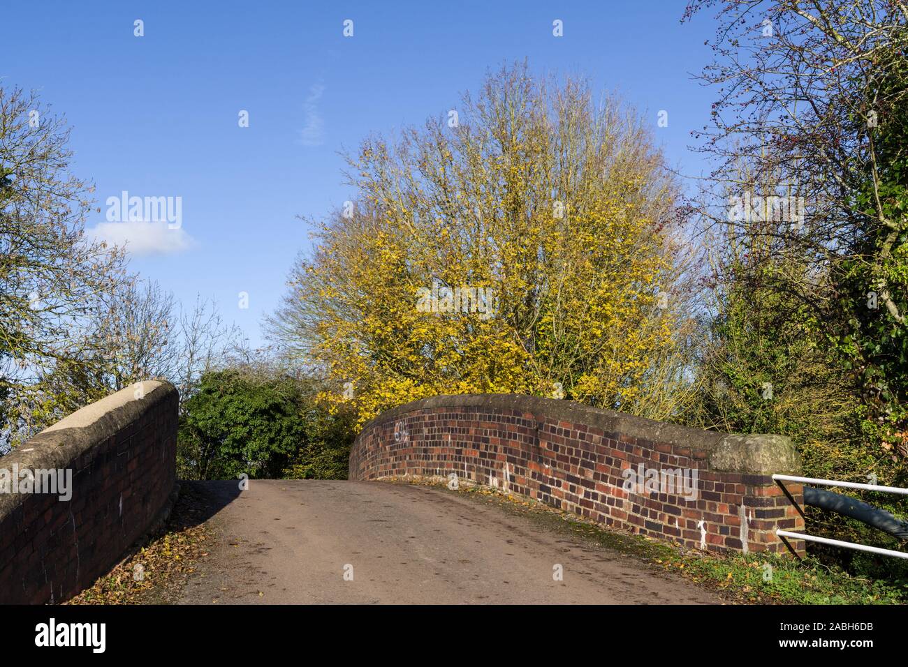 Vecchia pietra costruito il ponte che attraversa il Grand Union Canal, Blisworth braccio, Northamptonshire, Regno Unito; in una giornata di sole con un autunno di albero in background. Foto Stock