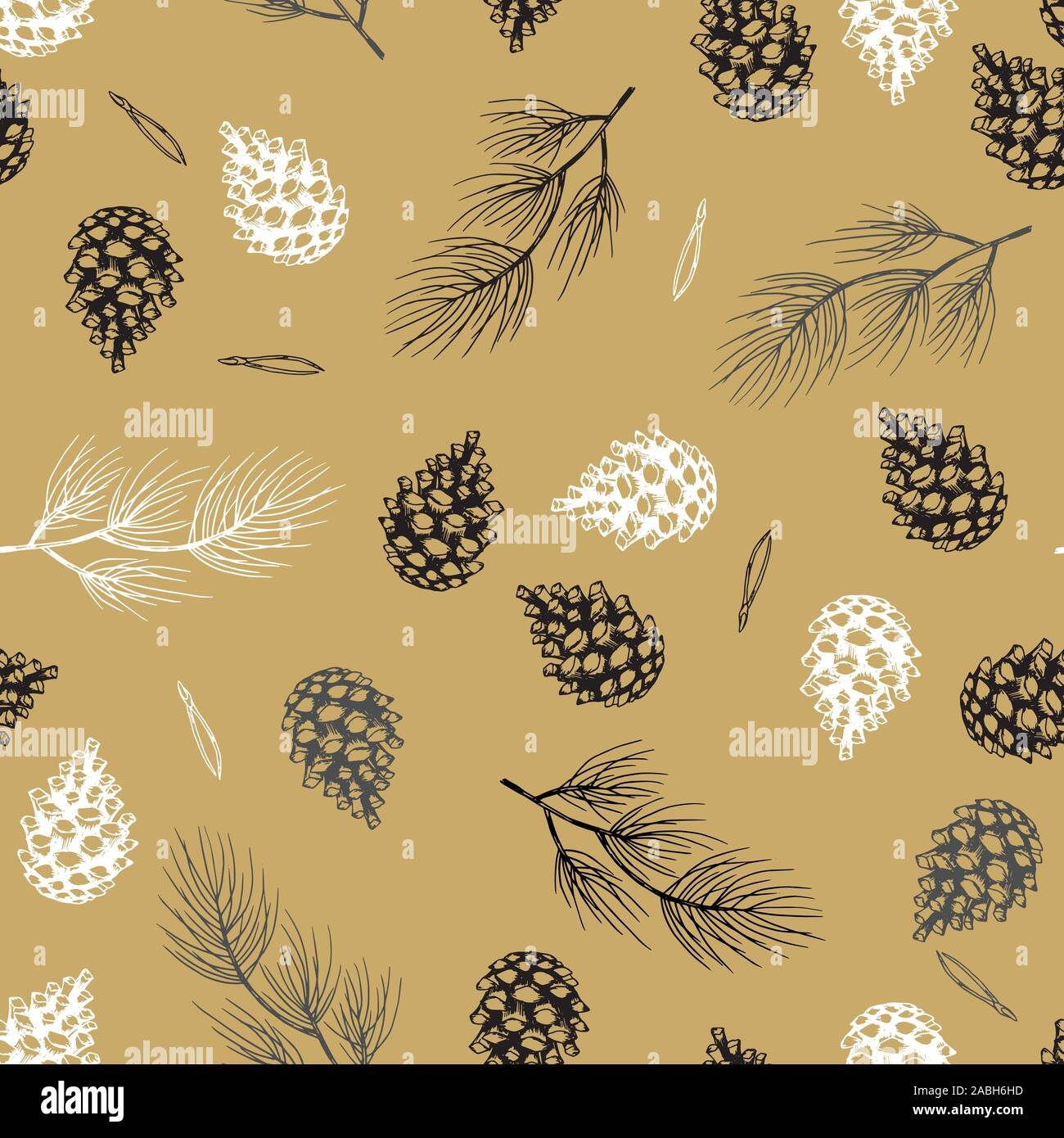 Xmas Seamless pattern con decorazioni natalizie, rami di pino disegnati a mano art design illustrazione vettoriale. Illustrazione Vettoriale