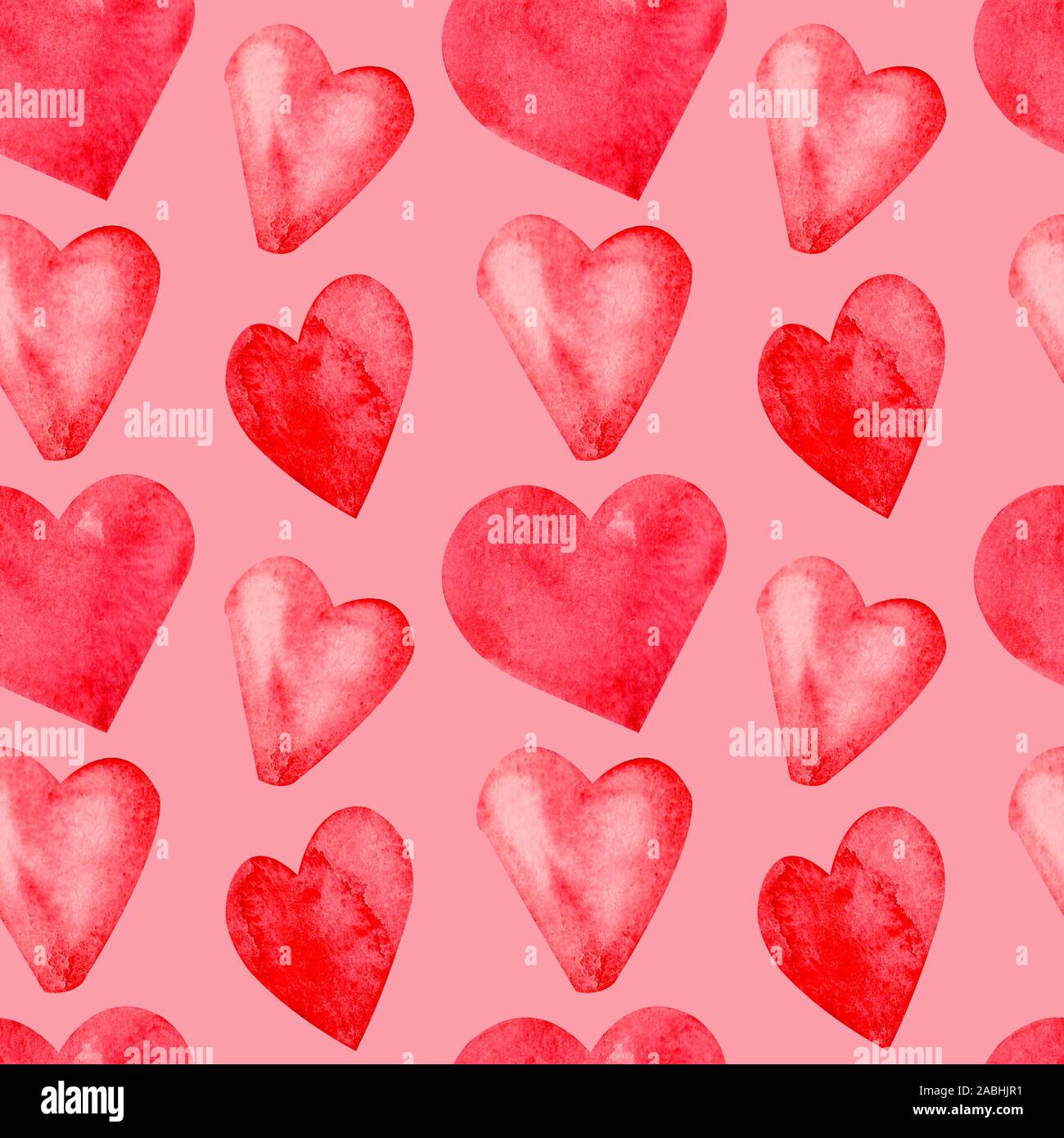 Modello senza cuciture con dipinto a mano ad acquarello cuori rossi su sfondo rosa. Perfetto per San Valentino Foto Stock