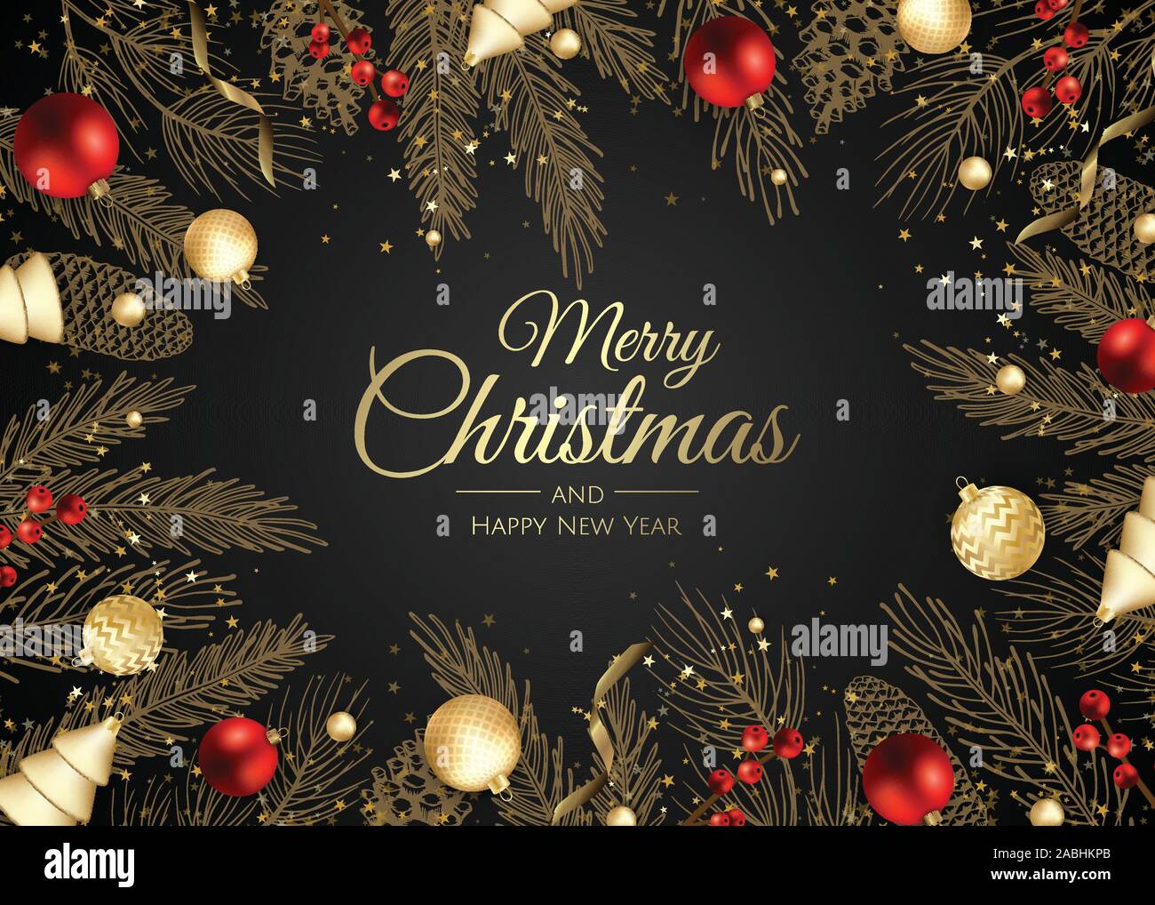 Buon Natale e Felice Anno Nuovo. Xmas sfondo con scatola regalo, fiocchi di neve e le sfere di design. Illustrazione Vettoriale