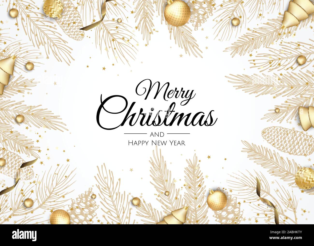 Buon Natale e Felice Anno Nuovo. Xmas sfondo con scatola regalo, fiocchi di neve e le sfere di design. Illustrazione Vettoriale