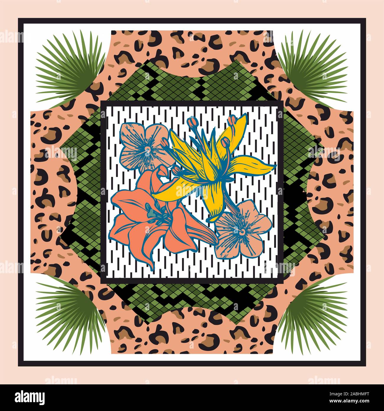 Leopard, pelle di serpente pattern. Fiori colorati sfondo, scialle, bandana, sciarpa, fazzoletto di stampa digitale, disegno di tessuto. Donna moda. - Vettore Illustrazione Vettoriale