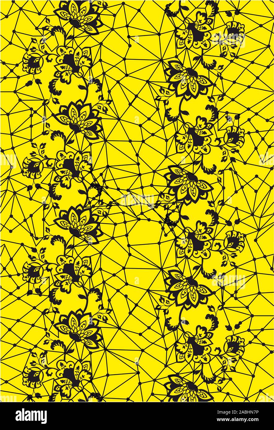 Nero senza giunture vector pattern in pizzo con Fiori su fondo giallo.Tornate,cerchio. Illustrazione Vettoriale