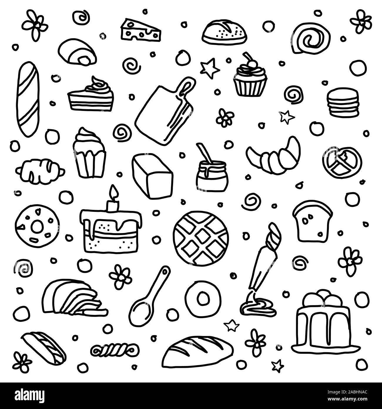 Panificio doodle Imposta sfondo per qualsiasi progettazione grafica. Stile Cartoon disegnare a mano di dessert. Strati illustrazione vettoriale. Illustrazione Vettoriale