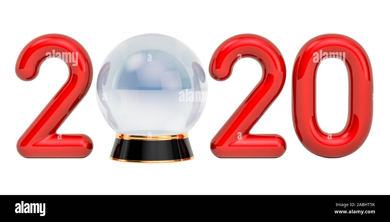 2020 con sfera di cristallo, la previsione per il 2020 concept. 3D rendering isolati su sfondo bianco Foto Stock