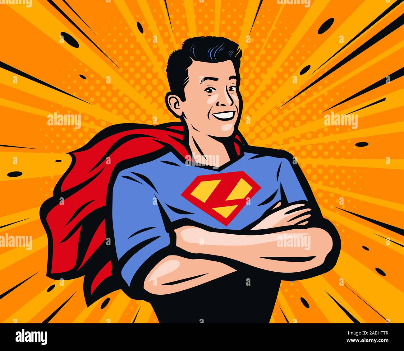 Supereroe maschile. Illustrazione vettoriale in stile fumetto pop art retrò Illustrazione Vettoriale