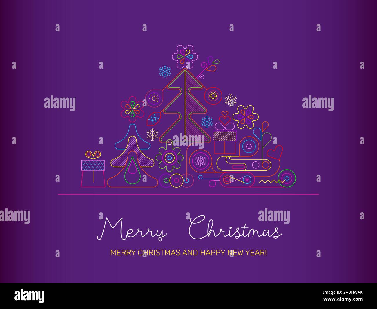 Colori al neon sagome su un gradiente di sfondo viola Abstract albero di Natale illustrazione vettoriale. Buon Natale e felice anno nuovo testo. Illustrazione Vettoriale