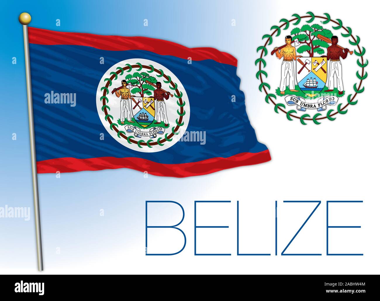 Belize ufficiale di bandiera nazionale e stemma, illustrazione vettoriale, America centrale Illustrazione Vettoriale