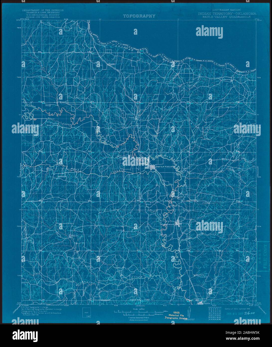 USGS TOPO Map Oklahoma si Pauls Valley 802565 1902 125000 Restauro invertito Foto Stock