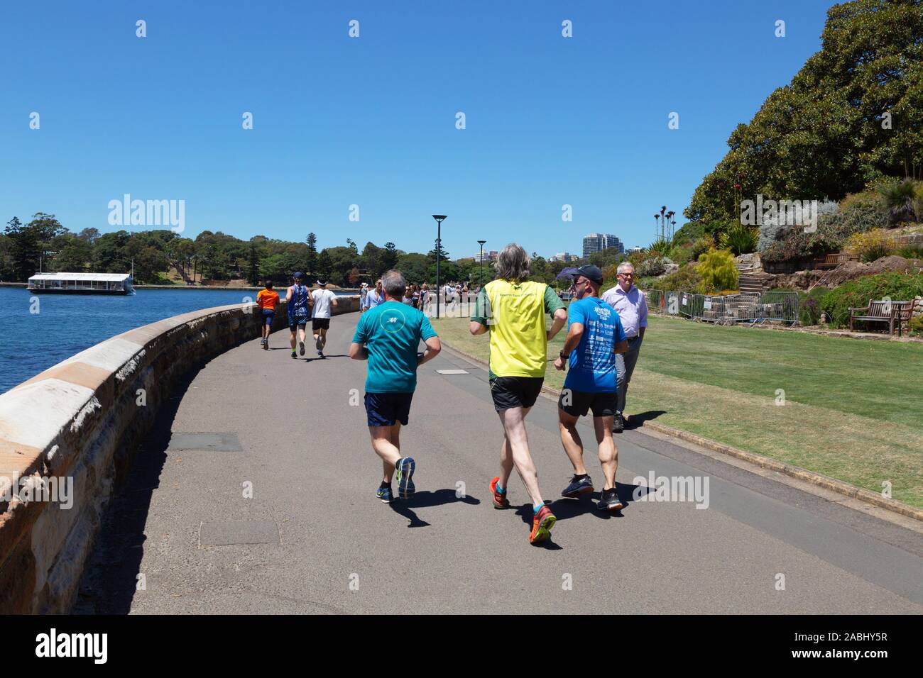 Stile di vita di Sydney; jogging nei giardini botanici, porto di Sydney, Sydney Australia - esempio di stile di vita australiano Foto Stock