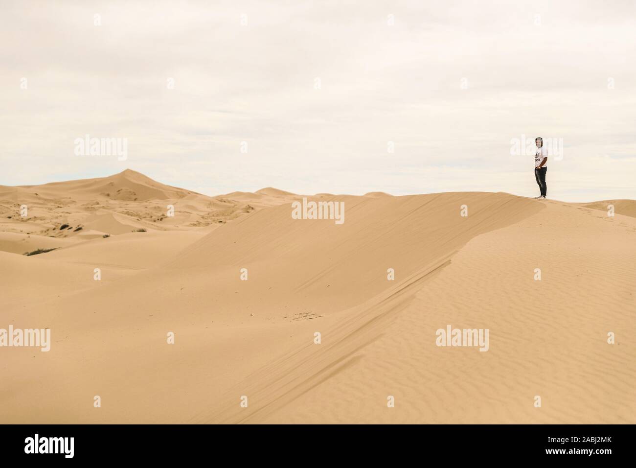 Un uomo guarda all'orizzonte nelle dune di sabbia del deserto Samalayuca, Chihuahua in Messico. 52 km a sud di Ciudad Juárez nel mezzo del deserto area Foto Stock