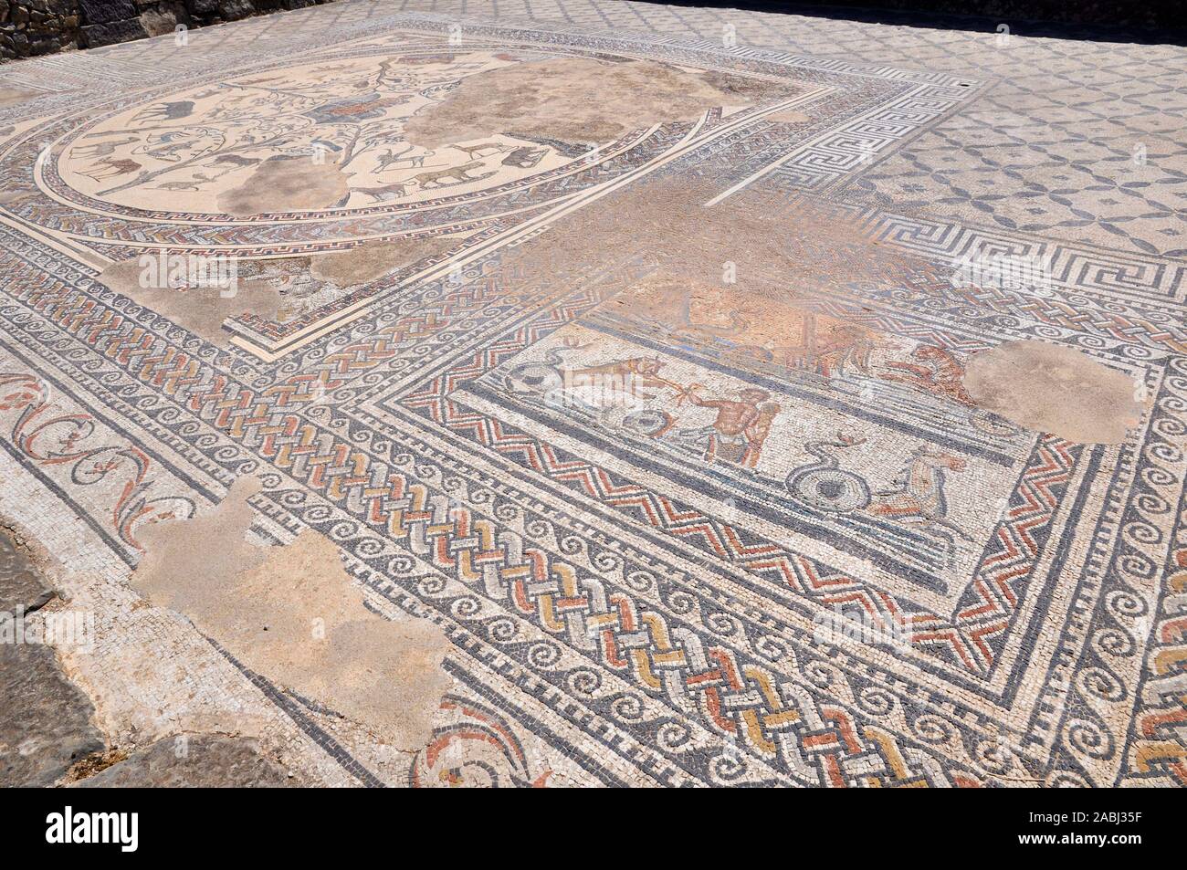 Mosaici romani nella casa di Orfeo nel III secolo A.C. la città romana rovine di Volubilis sito archeologico (Meknes, Fès-Meknès, Marocco) Foto Stock