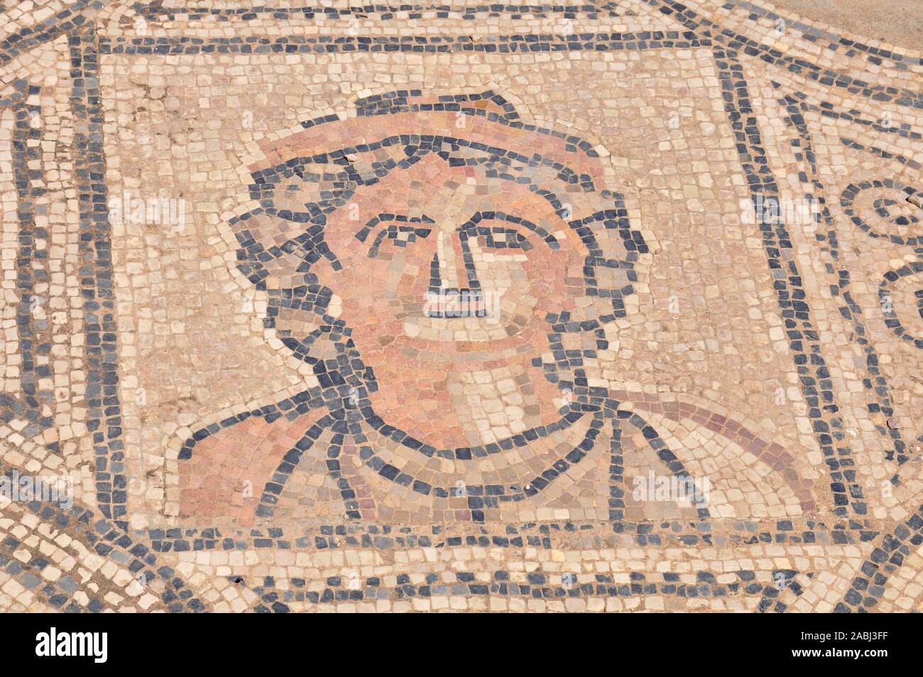 Antico mosaico romano con un volto femminile nella casa delle fatiche di Ercole a Volubilis sito archeologico (Walili, Meknes, Fès-Meknès, Marocco) Foto Stock