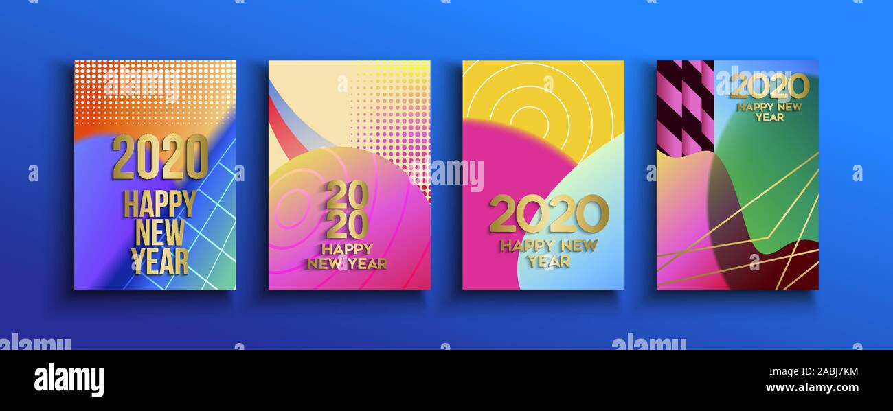 Felice Anno Nuovo biglietto di auguri insieme di retro futuristico forme colorate in 3d di stile. Neon forma astratta per 2020 anni eve. Illustrazione Vettoriale