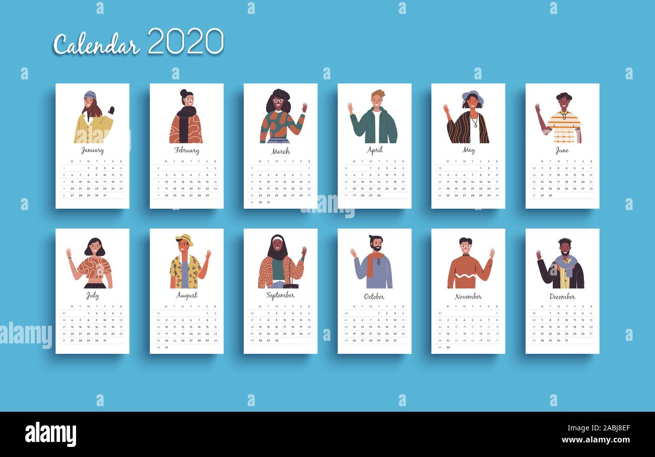 2020 calendario modello, anno nuovo planner formato con diverse persone del mondo cartoon su sfondo isolato. Data mensile di pianificazione per business week orga Illustrazione Vettoriale