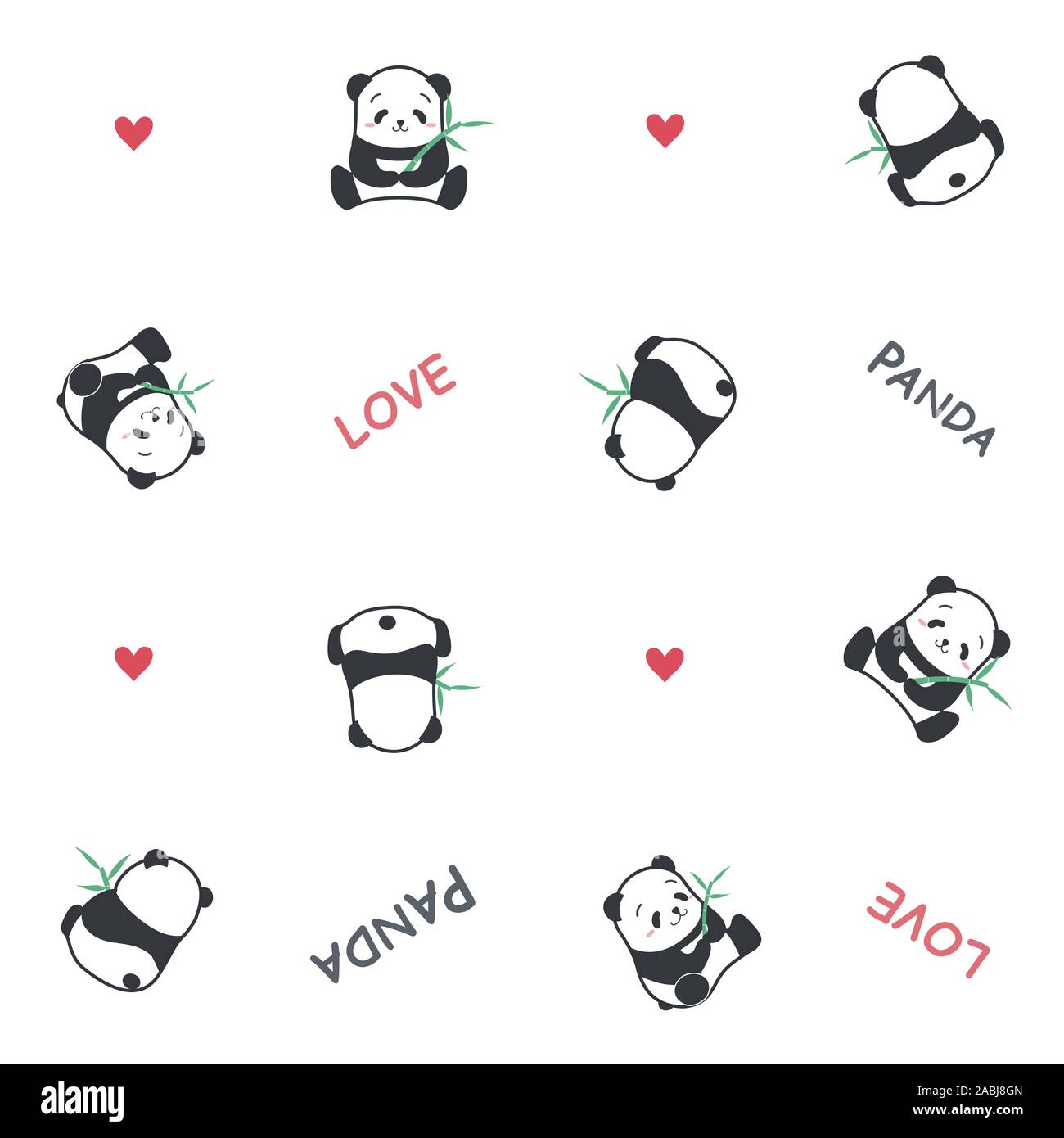 Carino divertente stile cartoon orso panda famiglia con bambù disegno vettoriale illustrazione. Foto Stock