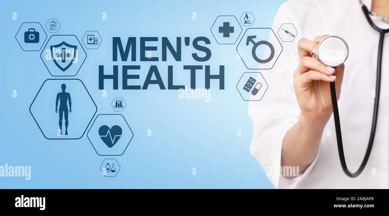 Mens Health banner, assistenza medica e sanitaria concetto sullo schermo. Medico con stetoscopio Foto Stock