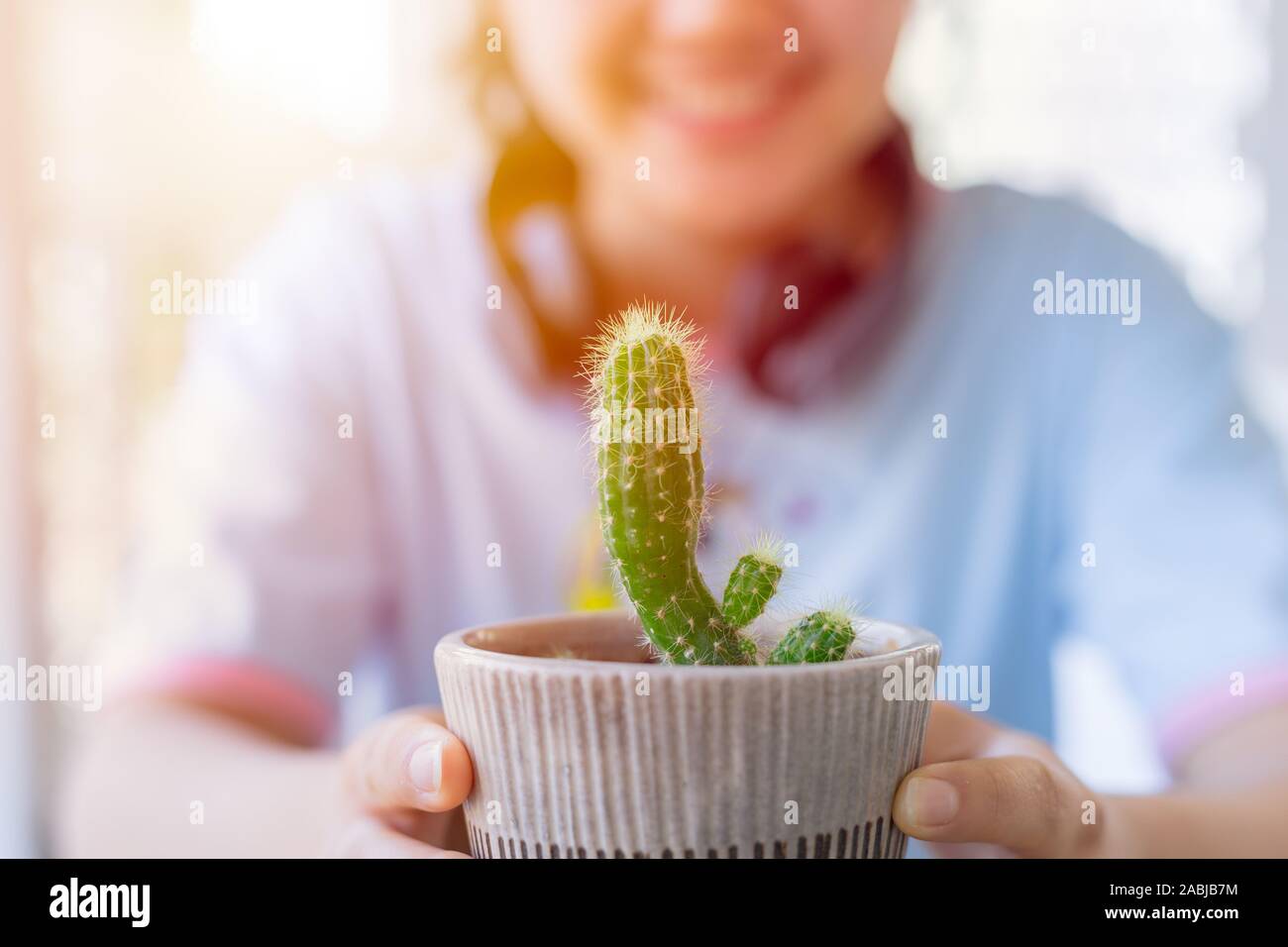 Girl Teen sorriso con impianto di cactus pot verde natura in mano. Foto Stock