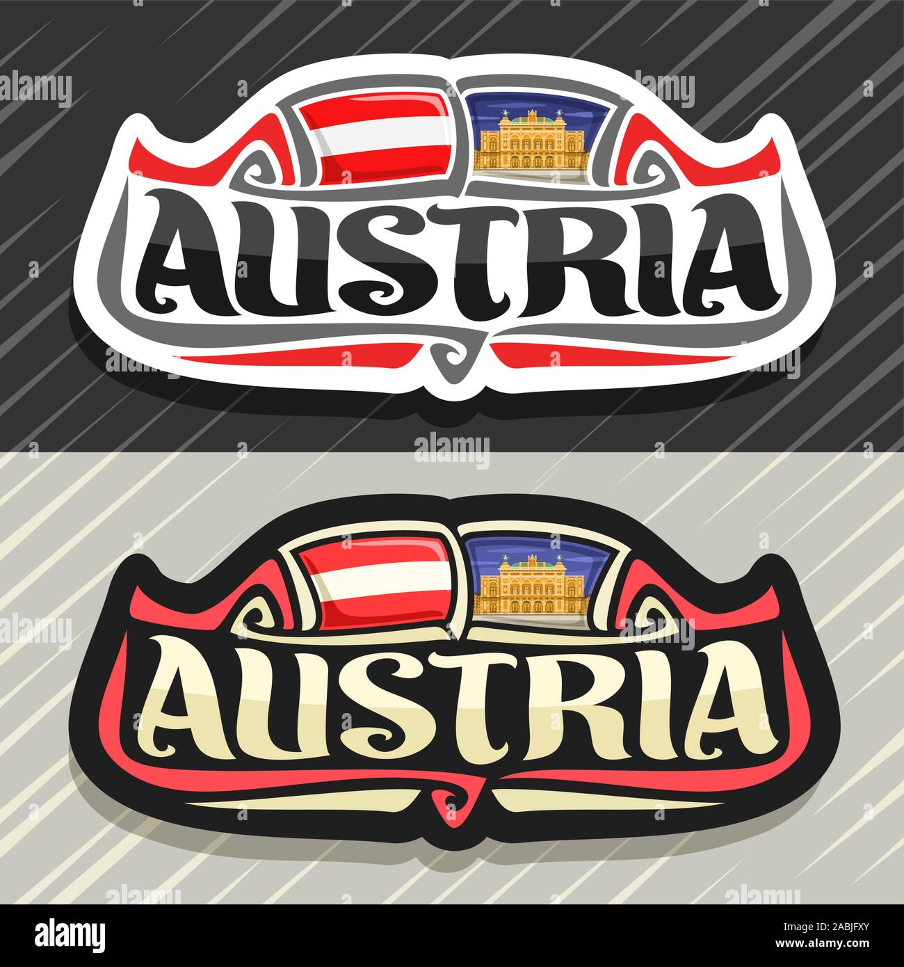 Il logo del vettore per paese Austria, frigo magnete con stato austriaco bandiera, spazzola originale carattere tipografico per word austria e nazionale austriaco - simbolo Vienn Illustrazione Vettoriale