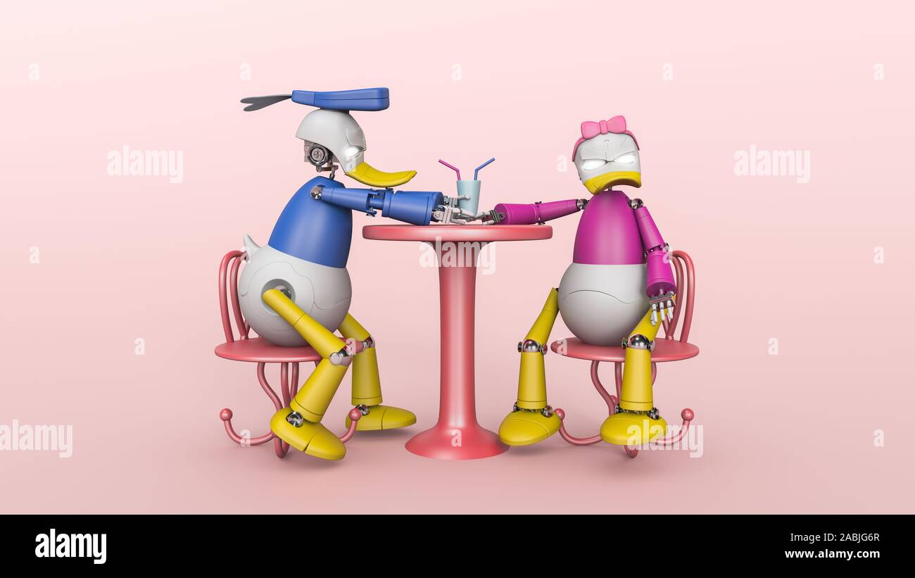 3d illustrazione felice coppia di robot in amore al cafe bere un frullato dal vetro stesso. Giovane uomo e robot donna Robot godendo un cioccolato agitare su Foto Stock