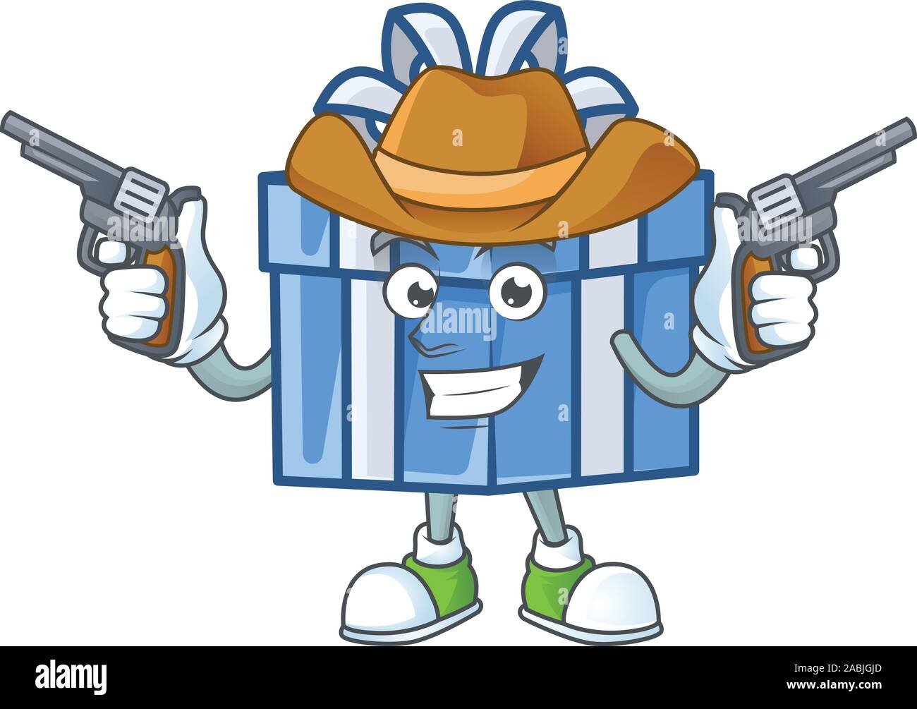 Blue box regalo personaggio dei fumetti come un cowboy pistole di contenimento Illustrazione Vettoriale