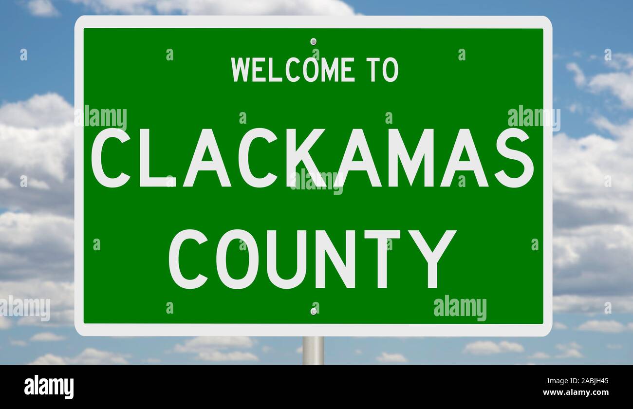 Il rendering di un verde 3d autostrada segno per Clackamas County in Oregon Foto Stock