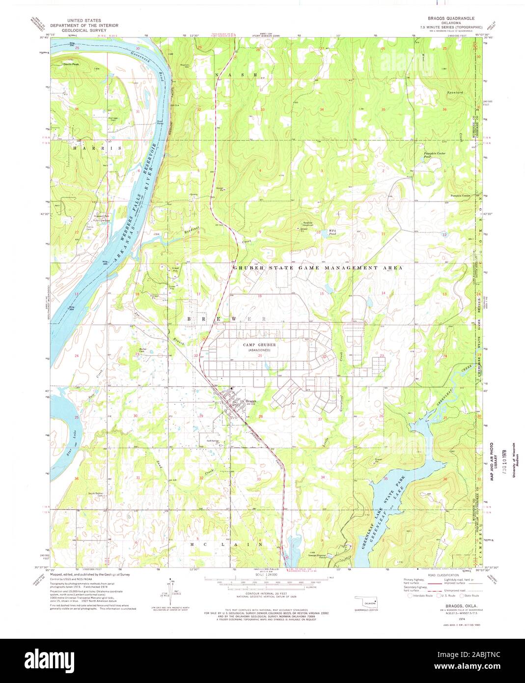 USGS TOPO Map Oklahoma OK Braggs 705479 1974 24000 Restauro Foto Stock