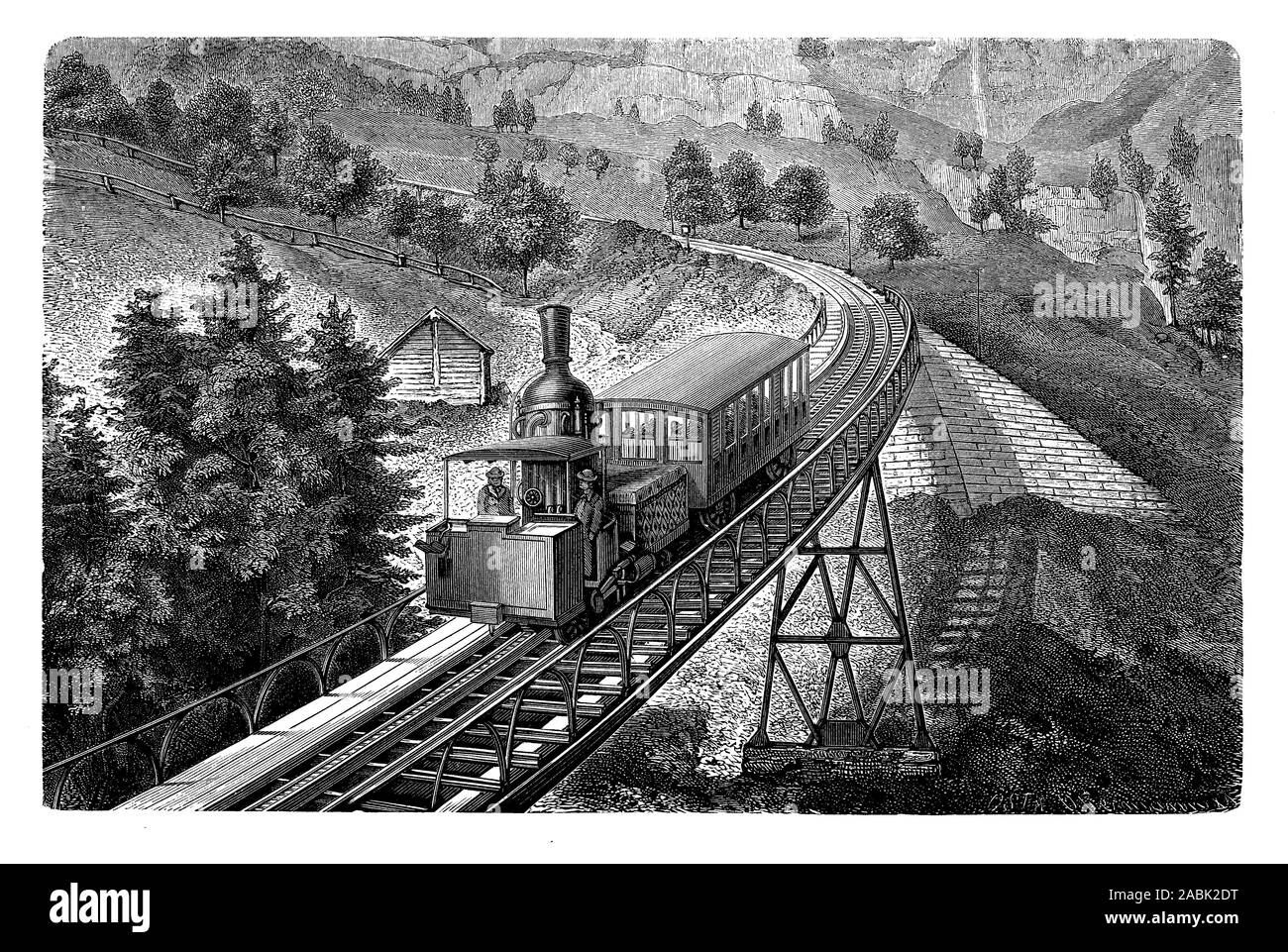 Il Monte Rigi ferrovie in Svizzera è stata la prima montagna ferrovia a cremagliera in Europa con una macchina di cavo tramite pignone e cremagliera technology Foto Stock