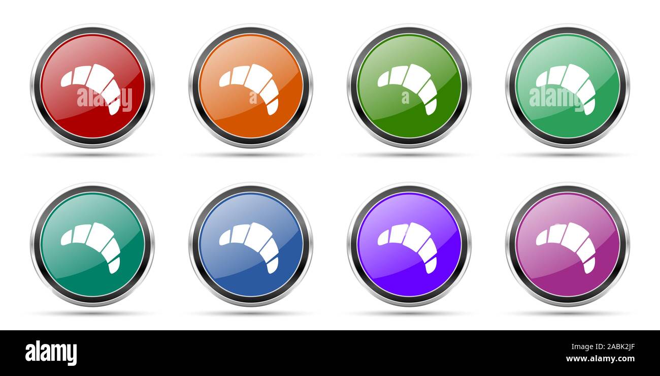 Icone di croissant, set di round lucido pulsanti web con argento metallico frontiere cromo isolati su sfondo bianco in 8 opzioni Foto Stock