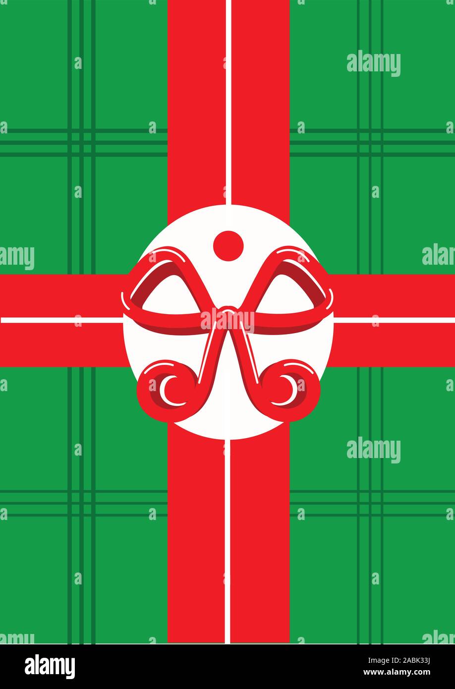 Il Natale presente vettore. Verde decorativo plaid carta di avvolgimento. Illustrazione Vettoriale di verde plaid confezione regalo con un nastro rosso e un archetto. Foto Stock