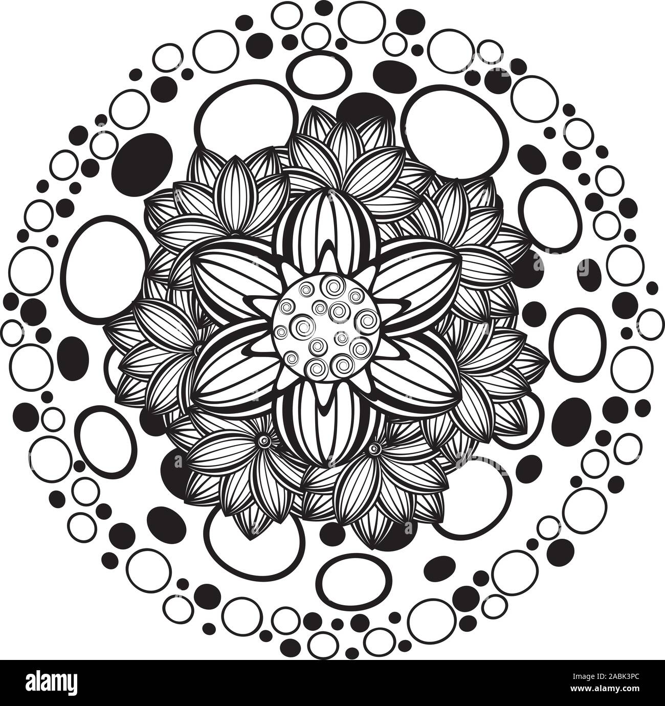 Round fregio floreale in bianco e nero, zentangle stile. Illustrazione Vettoriale