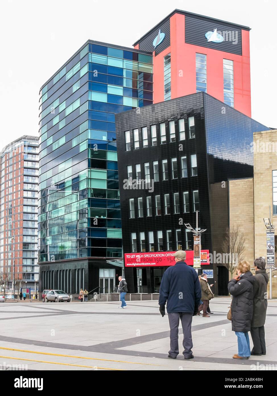 Il Digital World Center, Media City, le banchine, Salford, Manchester, Inghilterra, Regno Unito Foto Stock