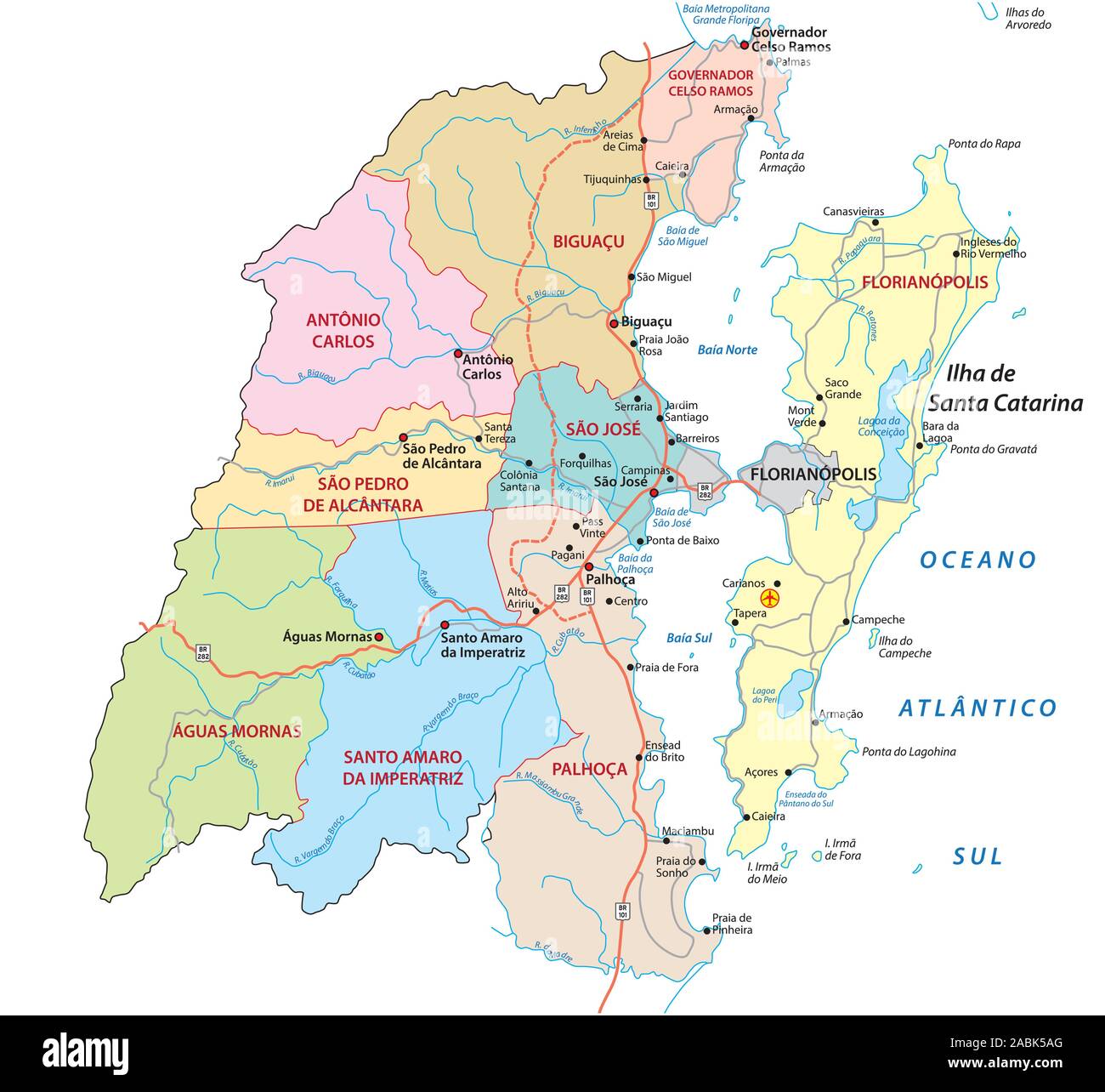 Mappa amministrativa area metropolitana di Florianopolis nella parte meridionale dello stato brasiliano di Santa Catarina Illustrazione Vettoriale