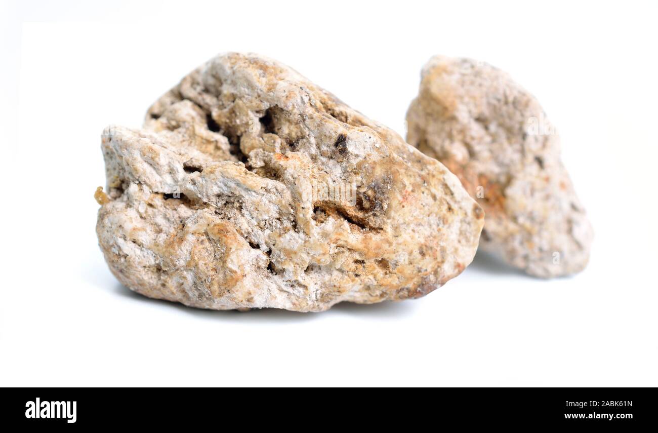 Ambergris, ambre gris, ambergrease o ambra grigia. Isolato su sfondo bianco Foto Stock