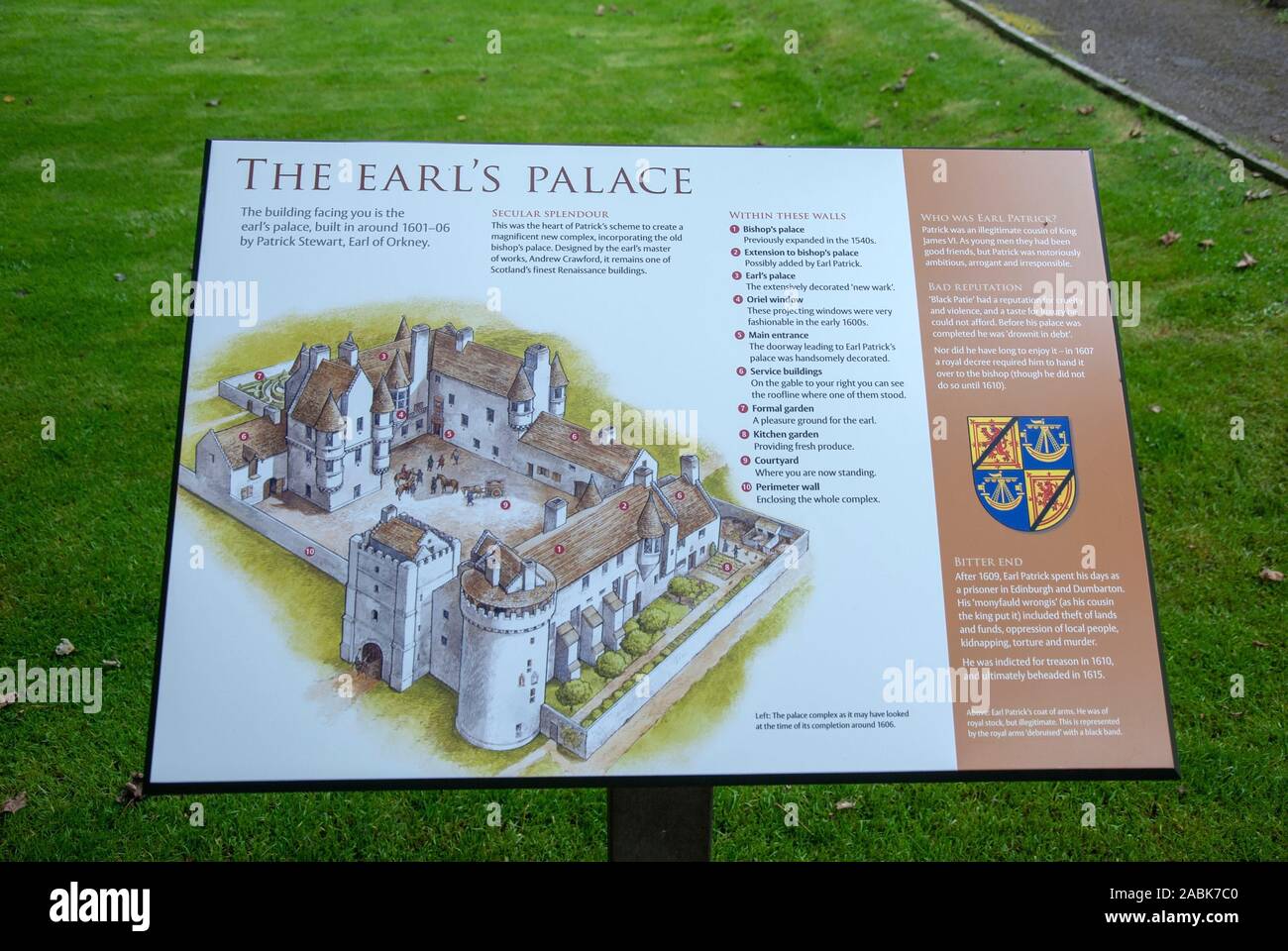 Informativo disegno illustrato del Earls Palace Watergate Kirkwall terraferma Isole Orcadi Scozia UK illustrazione artisti impressione all'inizio del XVII secolo Foto Stock