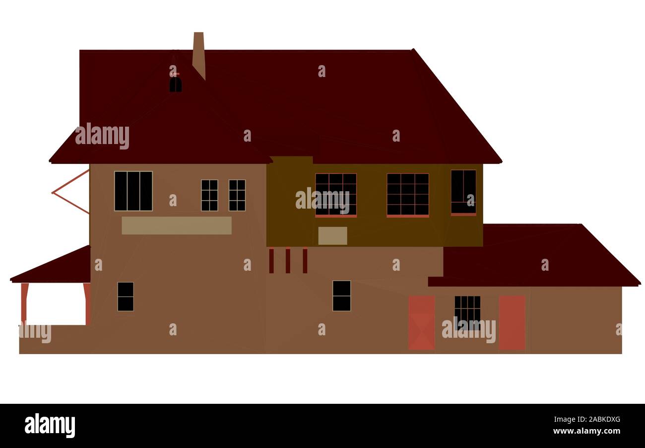 A due piani cottage. Casa poligonale isolato sullo sfondo bianco. Vista frontale. 3D. Illustrazione Vettoriale. Illustrazione Vettoriale