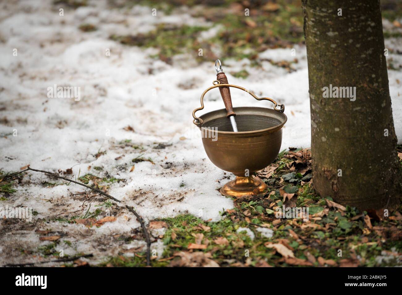 Un santo la caldaia di acqua al Neuhauser Winthirfriedhof a Monaco di Baviera. In una piccola cerimonia presso il cimitero di Neuhausen, parte delle ossa che venne alla luce durante i lavori di costruzione sulla proprietà confinanti sono reburied. [Traduzione automatizzata] Foto Stock