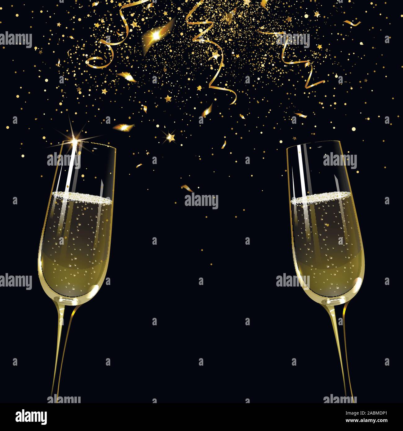 Banner con due bicchieri di champagne su uno sfondo di golden coriandoli Illustrazione Vettoriale