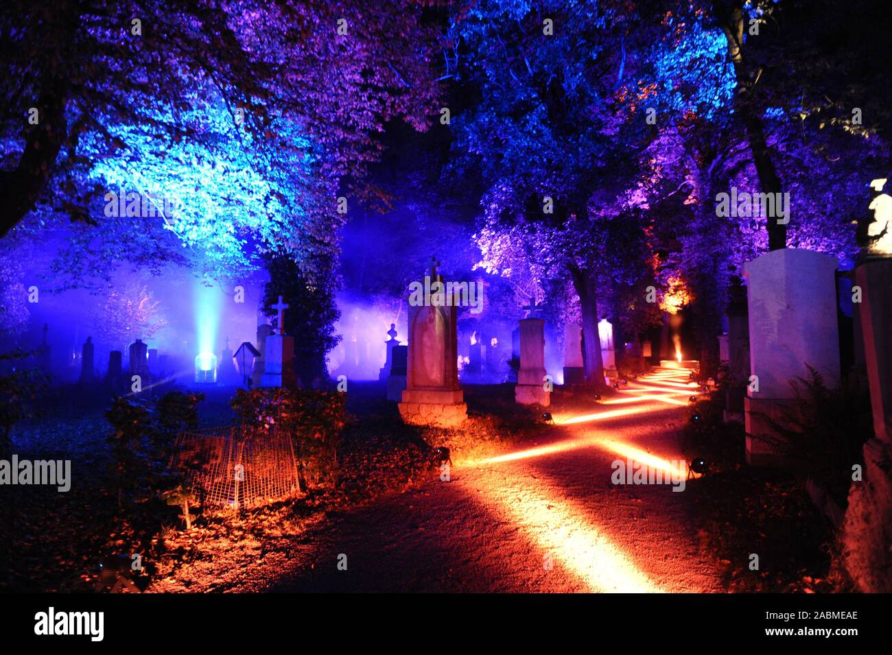 Installazione di luce sul vecchio cimitero del Sud durante la lunga notte dei musei di Monaco di Baviera. [Traduzione automatizzata] Foto Stock