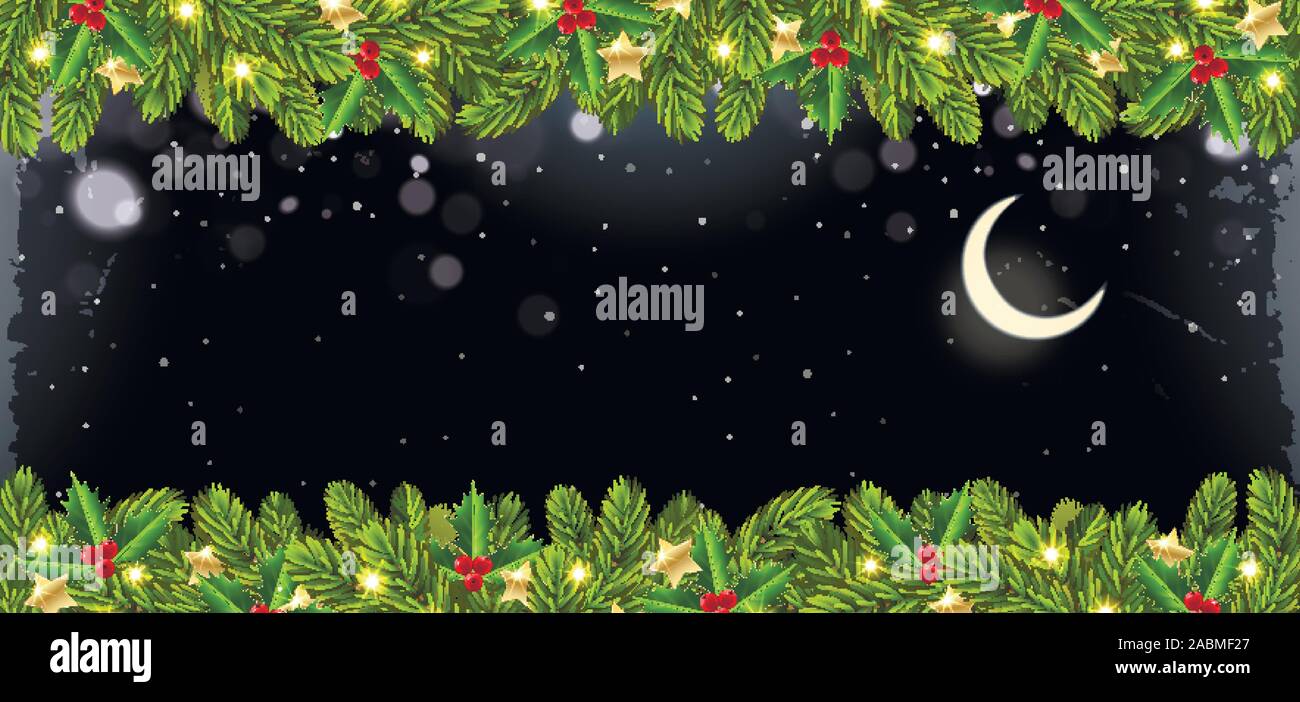 Banner di natale con albero di Natale ghirlanda sullo sfondo di una notte d'inverno Illustrazione Vettoriale