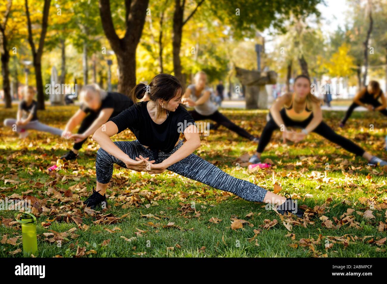 Un folto gruppo di persone facendo allenamento all'aperto sul verde del prato in posizione di parcheggio Foto Stock