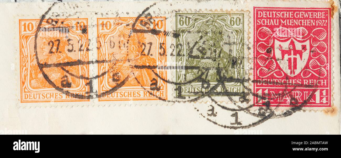 Francobolli annullati Germania su una busta, Reich tedesco Foto Stock