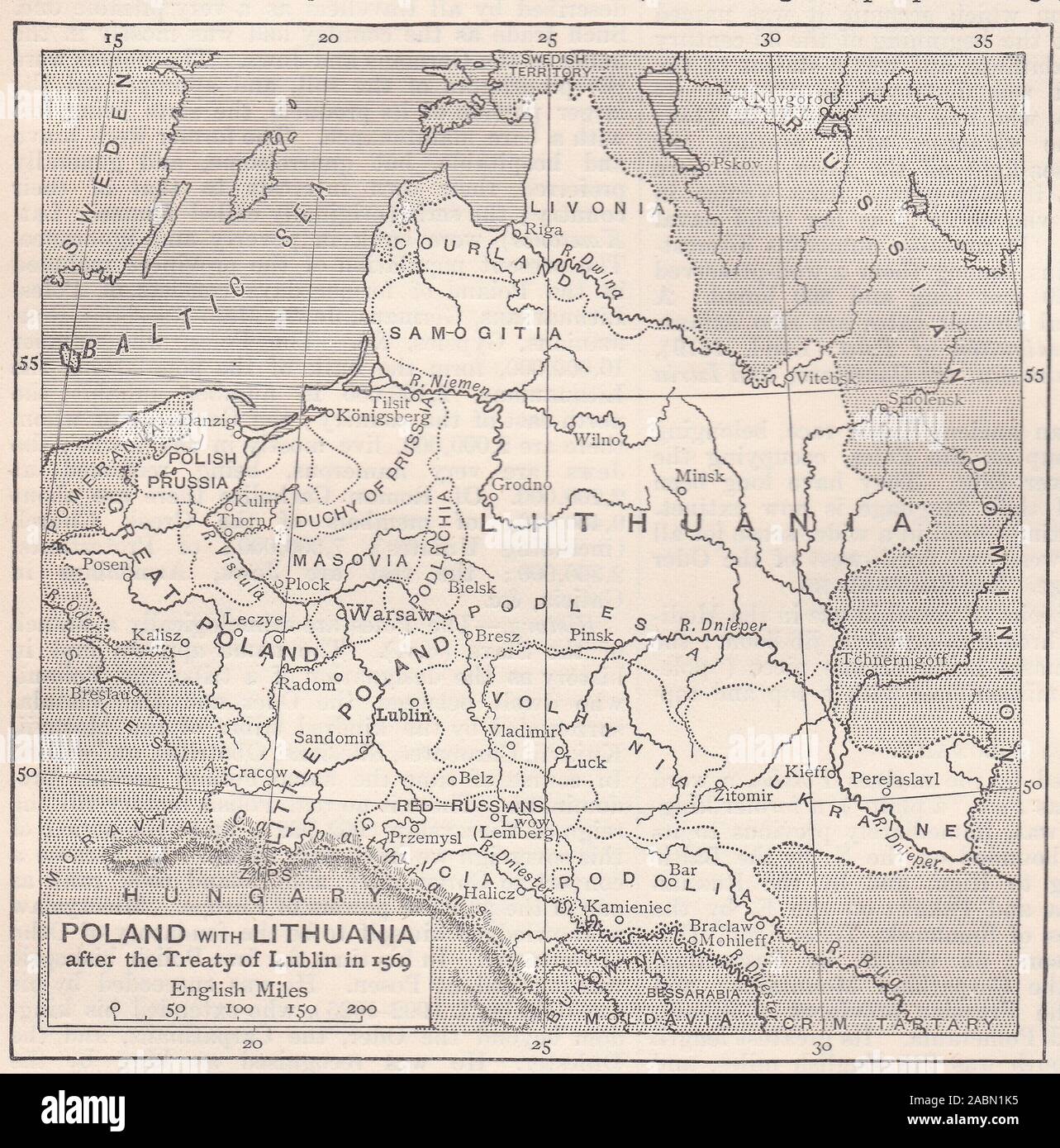 1800s illustrazione mappa della Polonia con la Lituania dopo il Trattato di Lublino nel 1569. Foto Stock