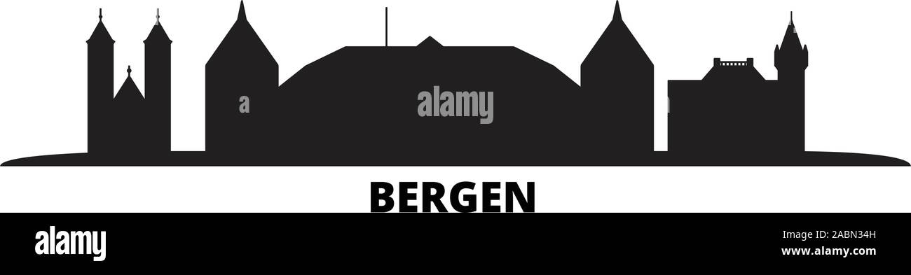 Norvegia, Bergen skyline della città isolata illustrazione vettoriale. Norvegia, Bergen travel cityscape con punti di riferimento Illustrazione Vettoriale