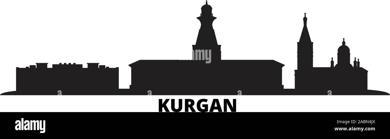 Russia, Kurgan dello skyline della città isolata illustrazione vettoriale. Russia, Kurgan viaggi paesaggio urbano in nero Illustrazione Vettoriale