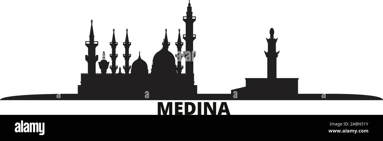 Arabia Saudita, Medina dello skyline della città isolata illustrazione vettoriale. Arabia Saudita, Medina Nero viaggio cityscape Illustrazione Vettoriale