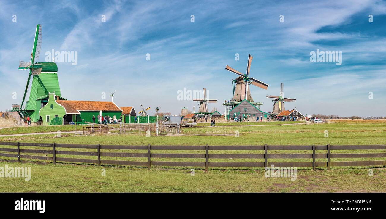 Mulini a vento lungo il fiume Zaan chiamato Poelenburg, De Kat, De Zoeker, Het Jonge Schaap, De Bonte Hen, Zaandam, Noord-Holland Foto Stock