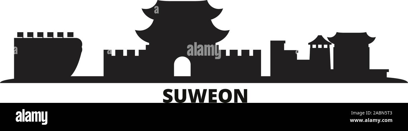 Corea del Sud, Suweon skyline della città isolata illustrazione vettoriale. Corea del Sud, Suweon viaggio paesaggio urbano in nero Illustrazione Vettoriale