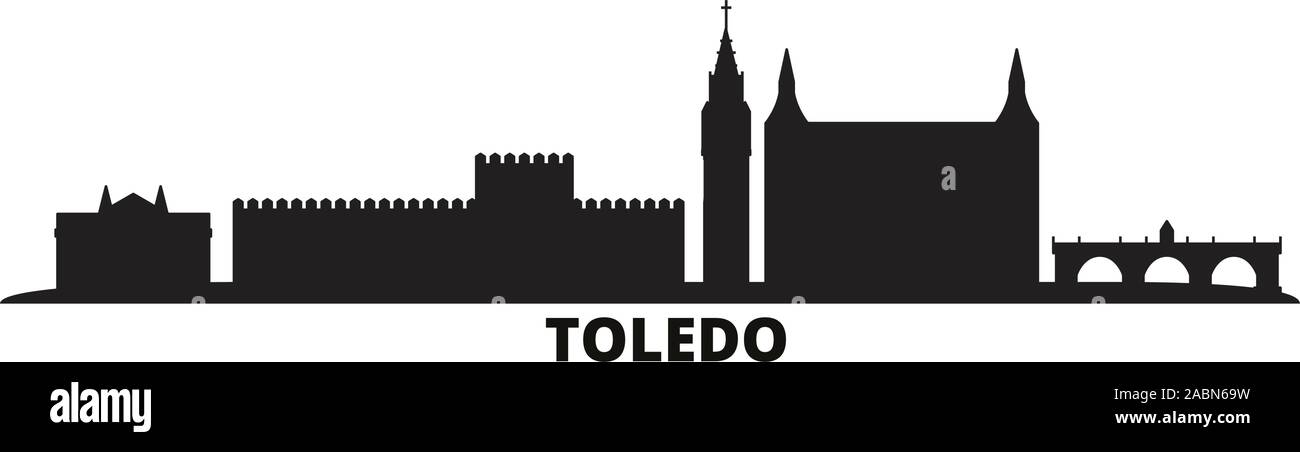 Spagna, Toledo skyline della città isolata illustrazione vettoriale. Spagna, Toledo viaggio paesaggio urbano in nero Illustrazione Vettoriale